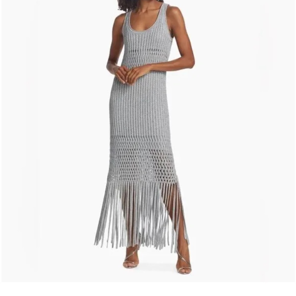 🌟SIMKHAI🌟 JOCELYN SLEEVELESS OPEN KNIT MIDI DRESS FRINGE HEM SILVER SZ XS